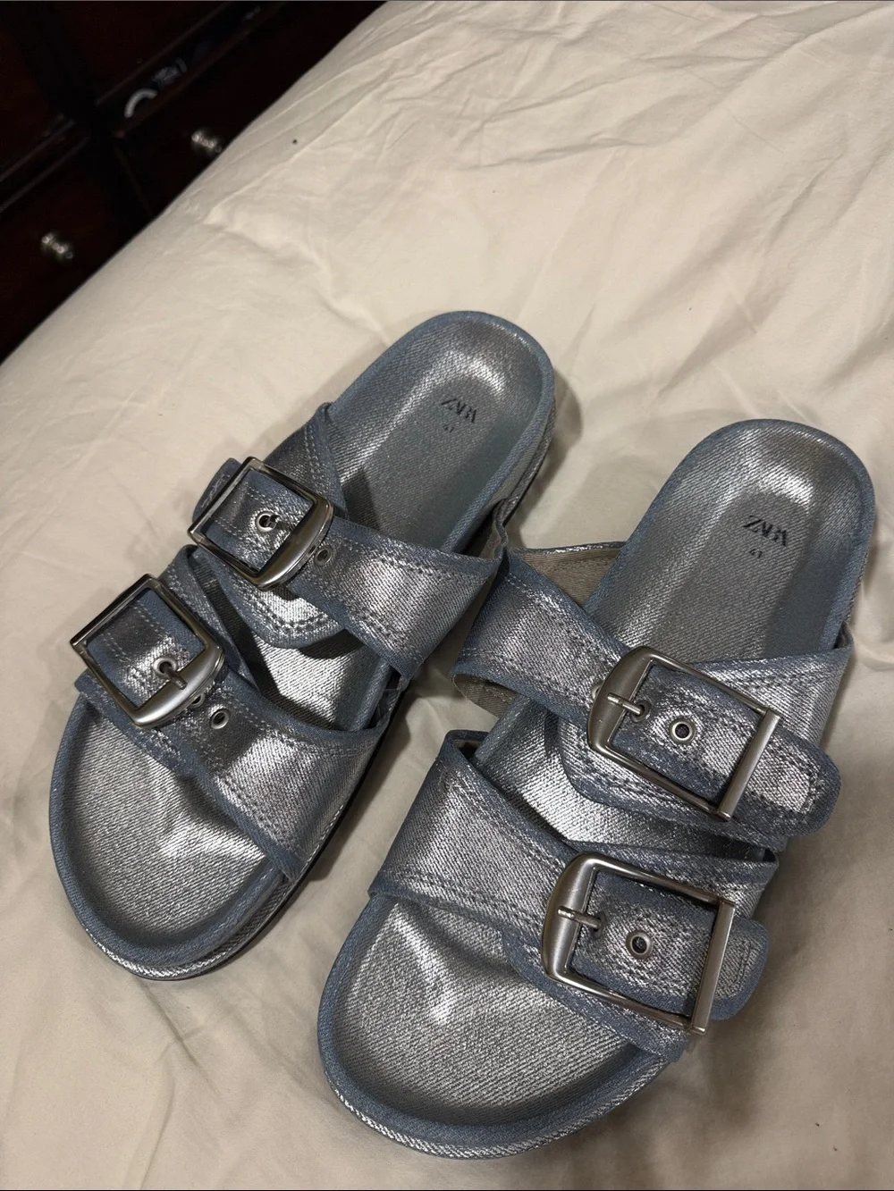 ZARA  Metallic Silver-Blue Double Buckle Slide Sandals